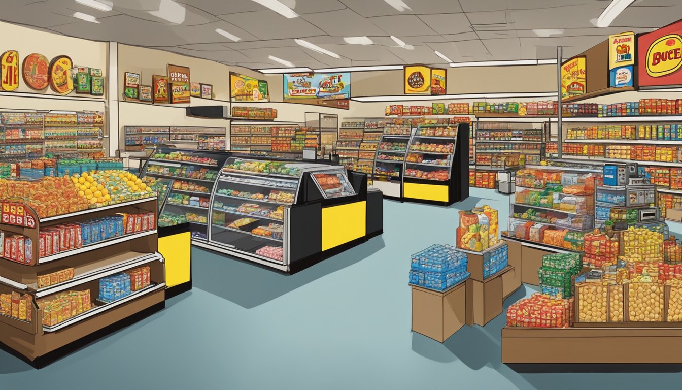 A bustling store filled with shelves of snacks, drinks, and merchandise. A large sign above the entrance reads "Buc-ee's" in bold letters. Customers browse the aisles, while employees restock products