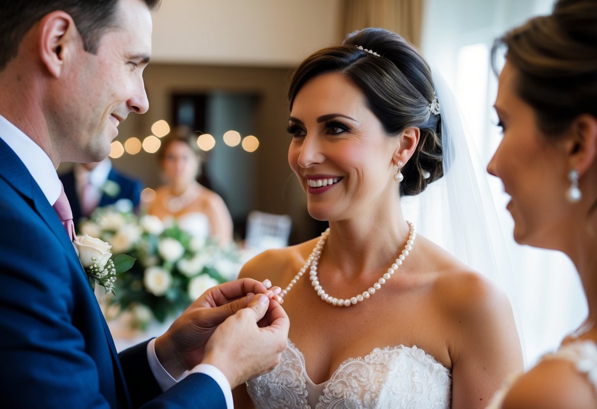 The mother of the groom presents the bride with a delicate pearl necklace, symbolizing the new family bond