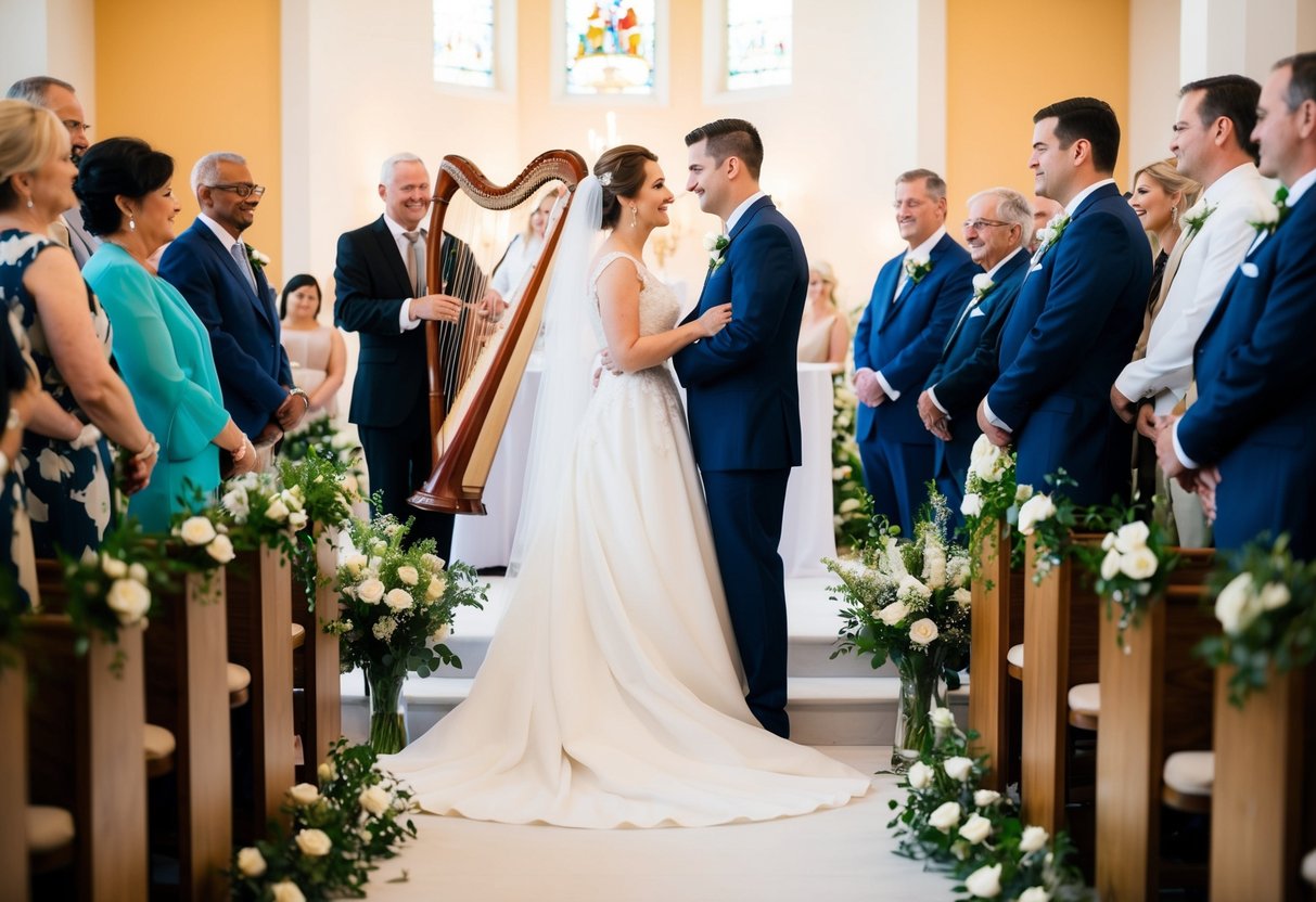 A bride and groom stand at the altar, surrounded by family and friends. A musician plays a harp in the background, setting the tone for the wedding ceremony