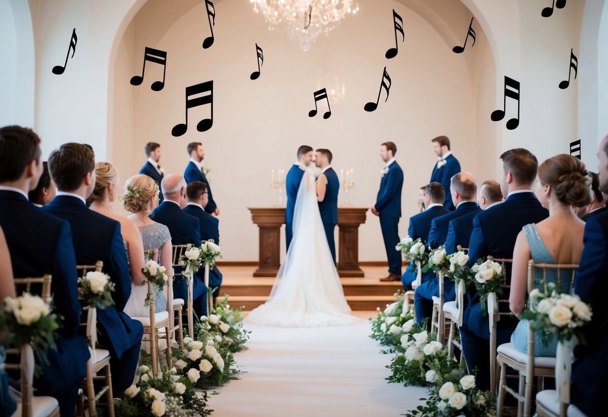 A wedding ceremony setting with musical notes floating in the air