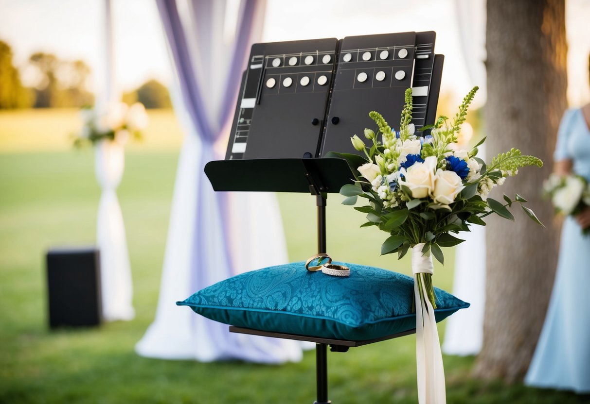 A wedding ceremony setting with a musician's stand holding a stack of sheet music, a bouquet of flowers, and a pair of wedding rings on a decorative pillow