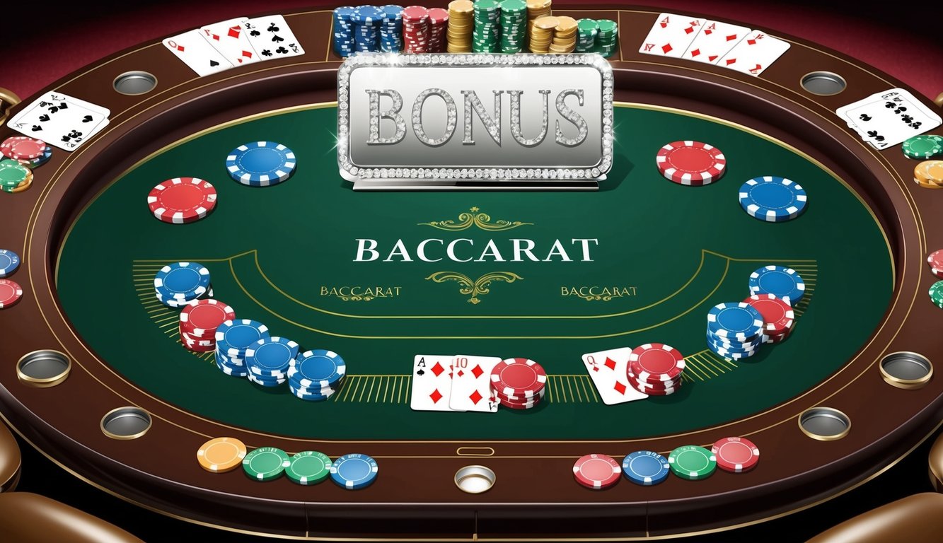 Sebuah meja baccarat mewah dikelilingi oleh chip berwarna-warni dan dek kartu yang elegan, dengan tanda bonus yang berkilauan ditampilkan secara mencolok