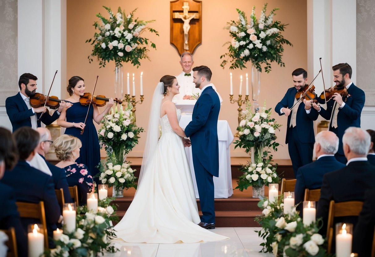 A bride and groom stand at the altar, surrounded by flowers and candles, as a string quartet plays in the background