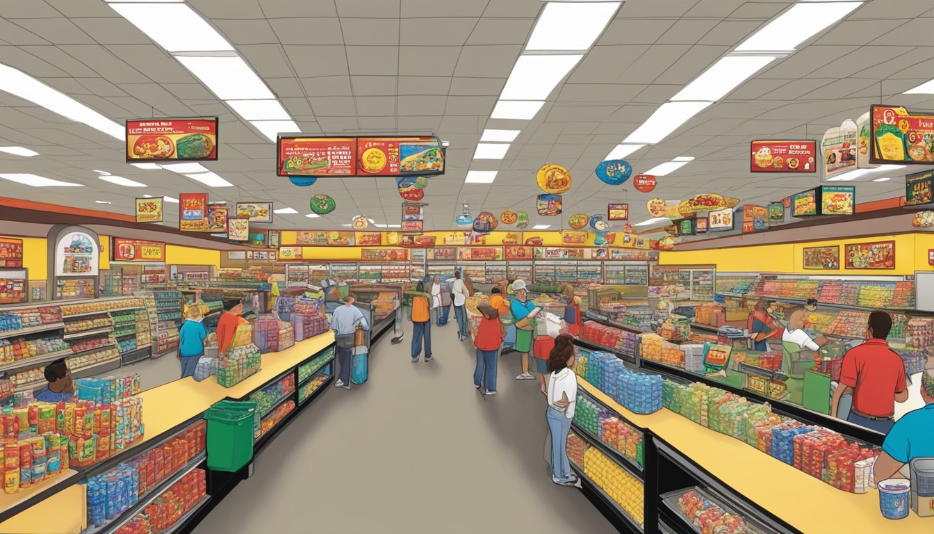 The bustling interior of a Luling Buc-ee's, with clean aisles, stocked shelves, and efficient staff serving a steady stream of customers