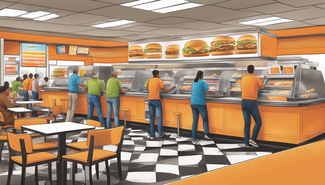 A bustling Whataburger restaurant in Overland Park, with a colorful menu board and customers ordering at the counter