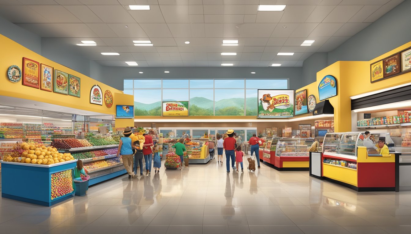 A bustling buc-ee's store with diverse customers and employees, iconic beaver mascot, and Texas-themed decor, showcasing cultural impact and community connection