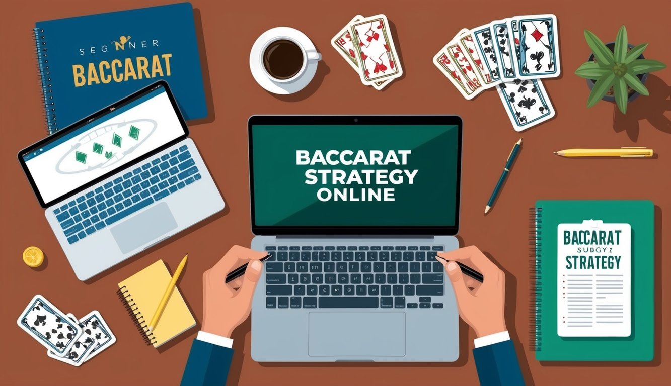 Seorang pemula yang mempelajari strategi baccarat secara online, dikelilingi oleh laptop, buku catatan, dan pena