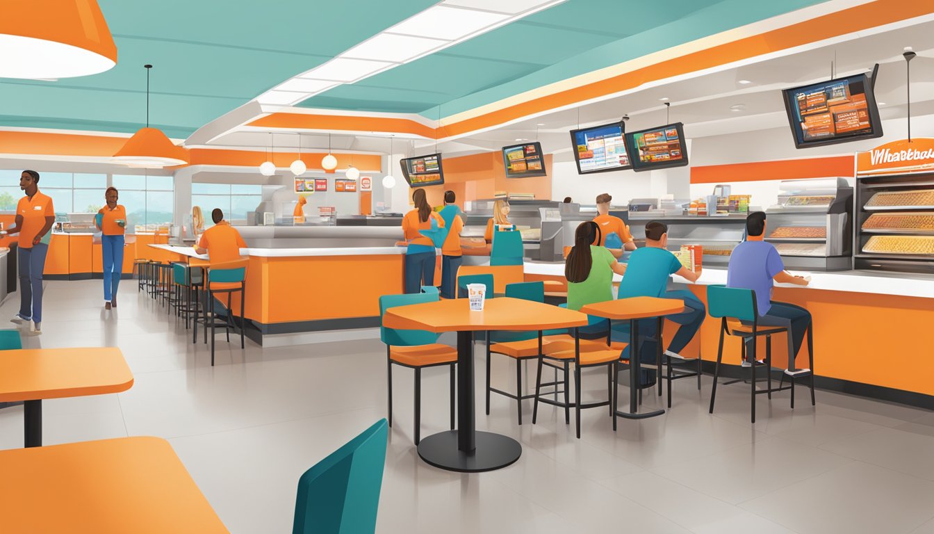 The bustling interior of a Whataburger in Overland Park, featuring a colorful dining area, a well-stocked condiment station, and a friendly, efficient staff serving customers