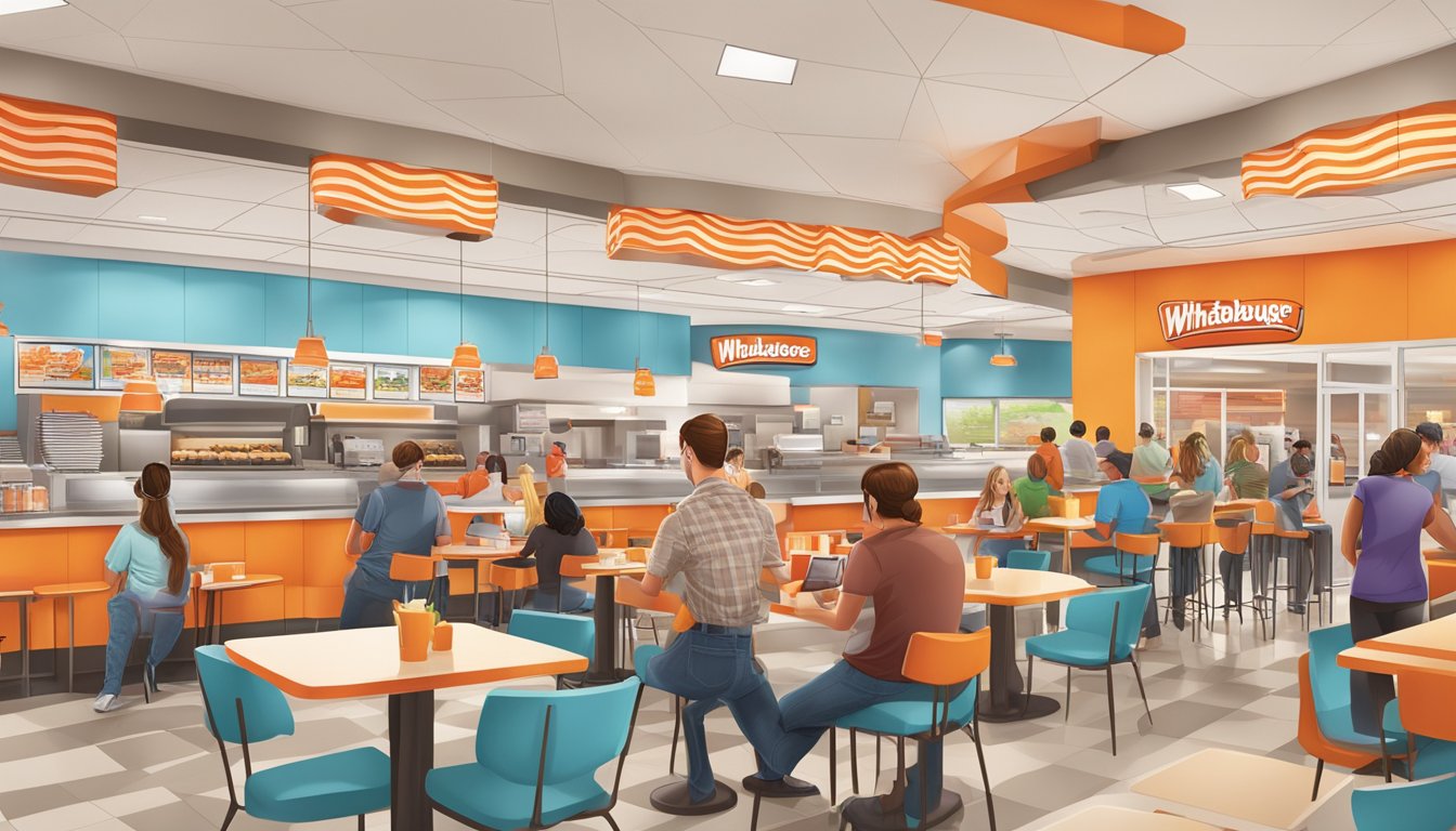 A bustling WhatABurger restaurant in Overland Park, with colorful promotional signage and customers enjoying rewards and promotions