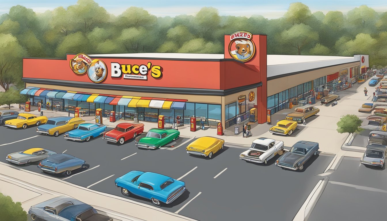 A bustling Buc-ee's location with a towering beaver mascot, gas pumps, and a sprawling parking lot filled with cars