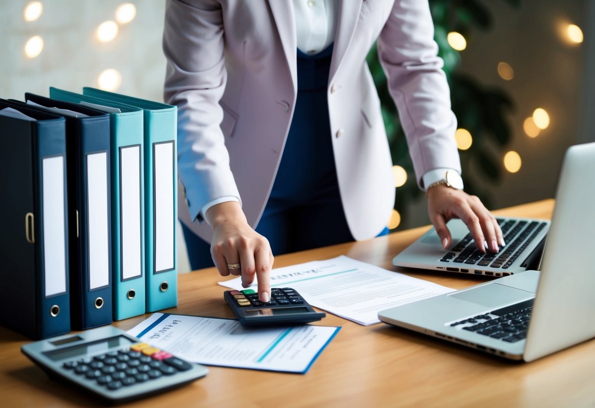A wedding planner stands at a desk, surrounded by binders and a laptop. A calculator and contract sit nearby, as the planner looks over pricing options