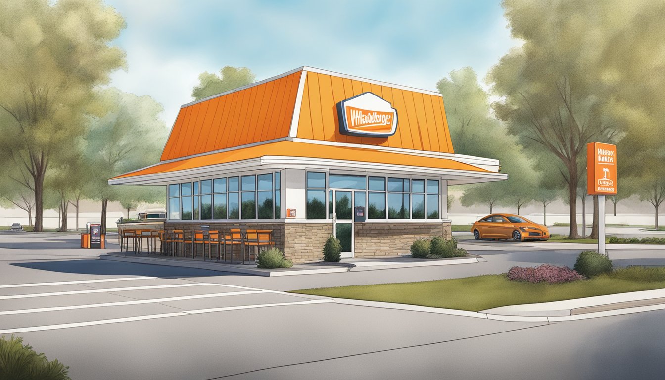 A Whataburger restaurant in Overland Park, open for business with a drive-thru and outdoor seating, surrounded by trees and a busy parking lot