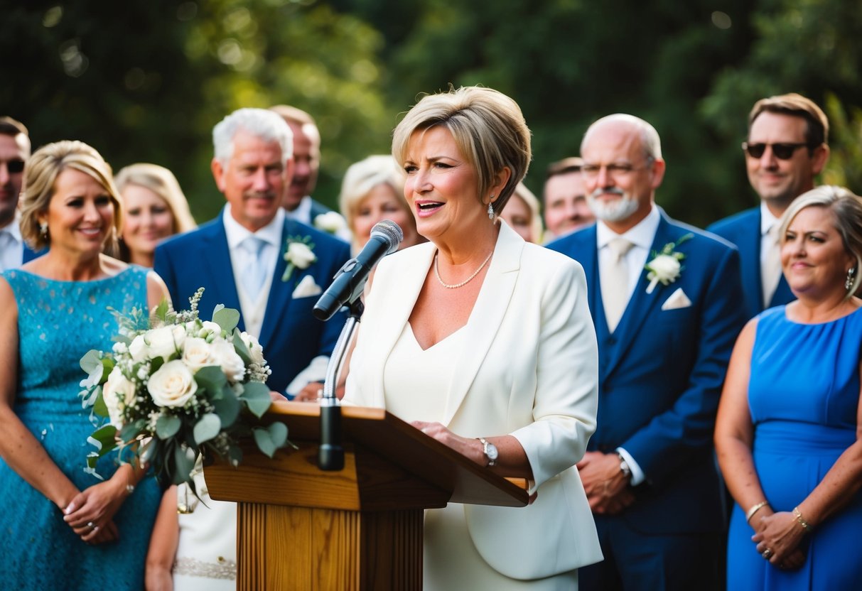 A mother of the groom stands at a podium, surrounded by family and friends. She holds a microphone and speaks with emotion and pride