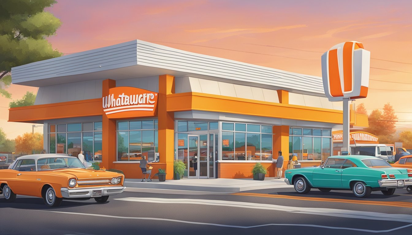 A bustling Whataburger restaurant in Overland Park, with a colorful sign and drive-thru, surrounded by cars and hungry customers