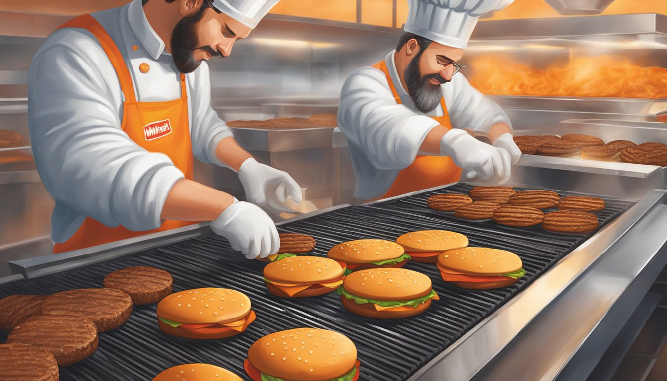 The sizzling burger patties are being carefully grilled as fresh ingredients are meticulously prepared for assembly at Whataburger in Overland Park