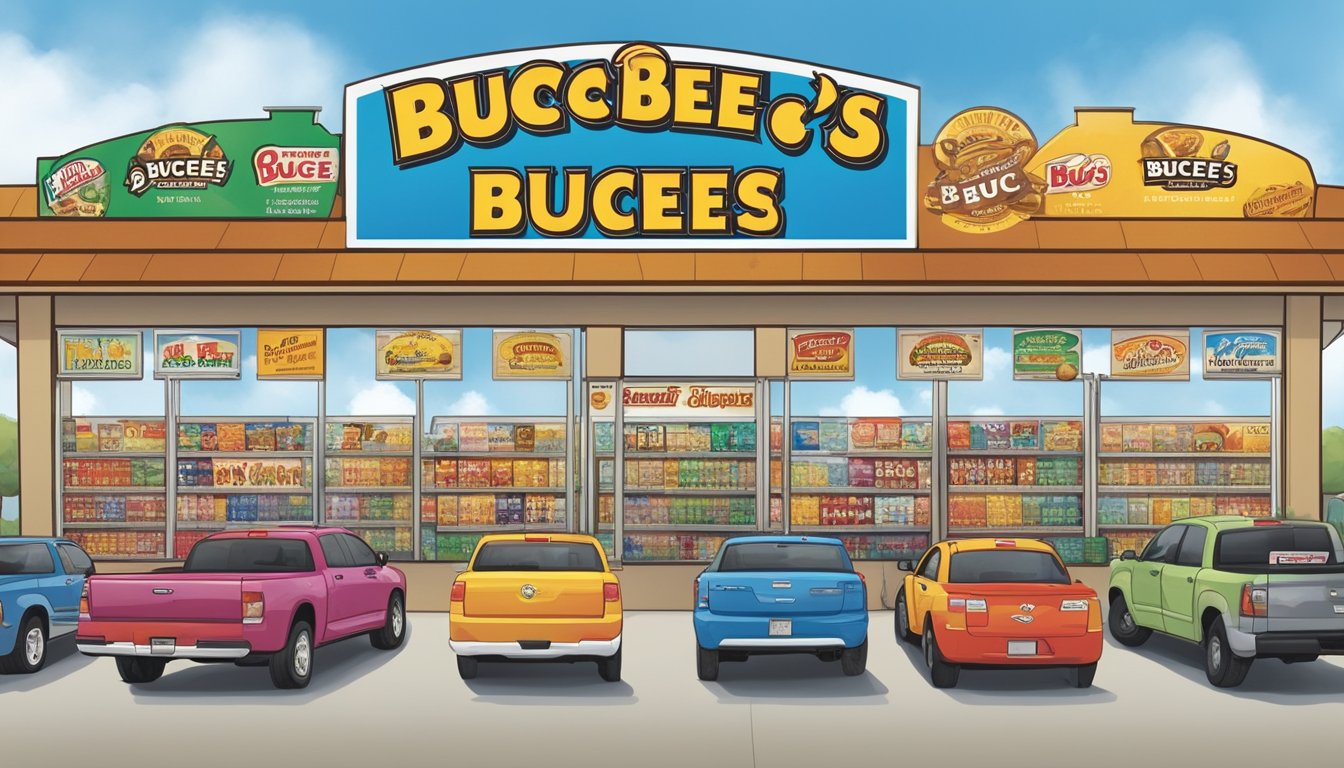 A row of colorful signs with the names and logos of various Buc-ee's locations displayed on a store offerings board