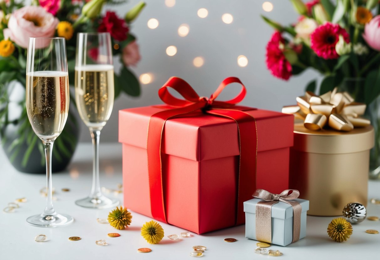 A beautifully wrapped gift box surrounded by flowers, champagne glasses, and elegant decor