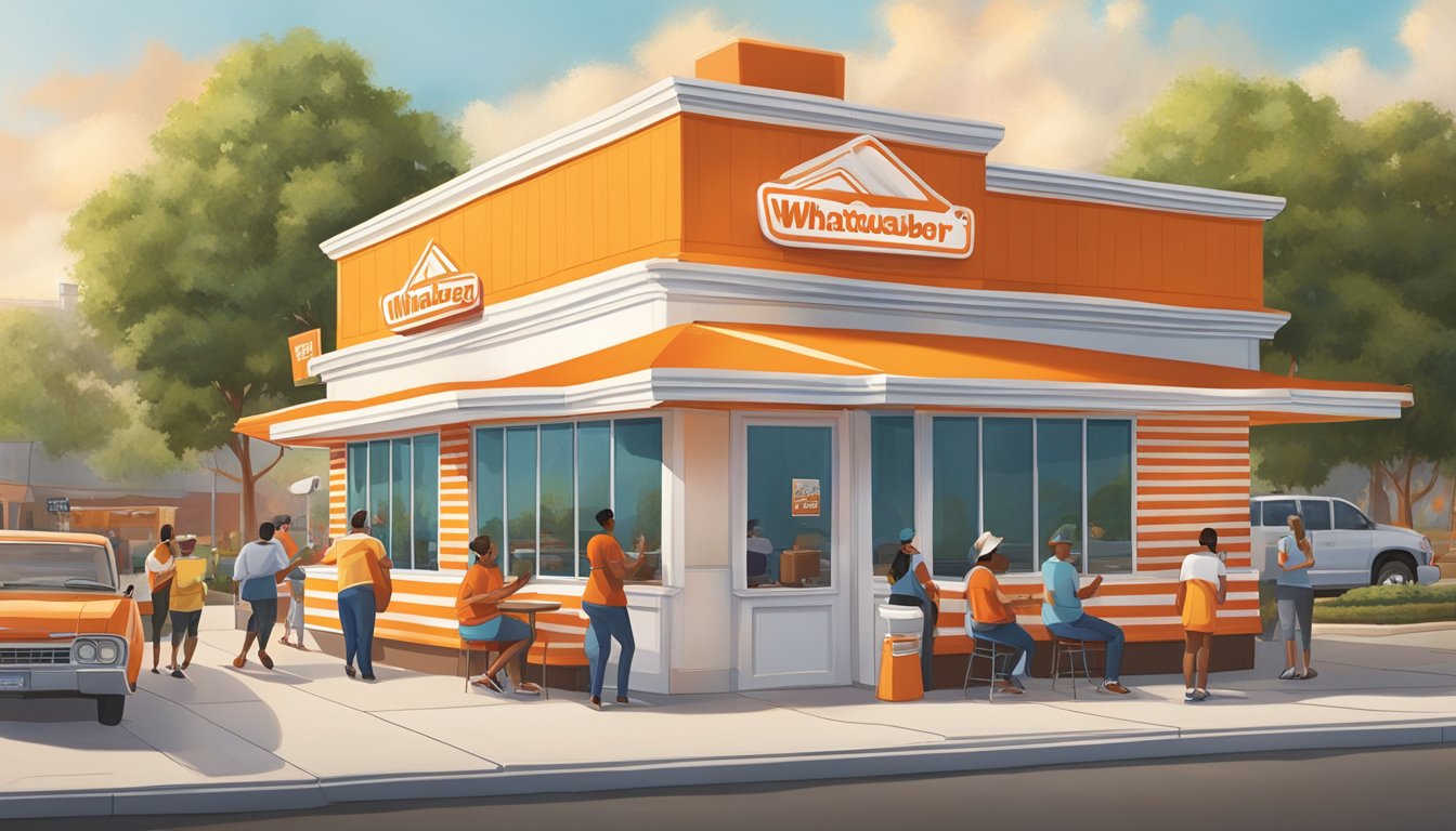 A bustling Whataburger restaurant with a diverse group of customers enjoying their meals and engaging in lively conversations. The iconic orange and white striped building stands out against the backdrop of a vibrant community