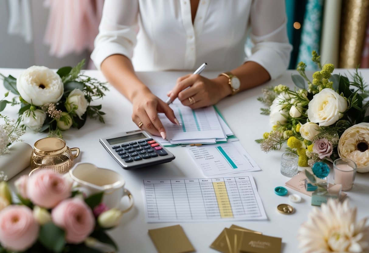 A wedding planner surrounded by various elements such as flowers, fabrics, and decor samples, with a calculator and pricing sheets on the table