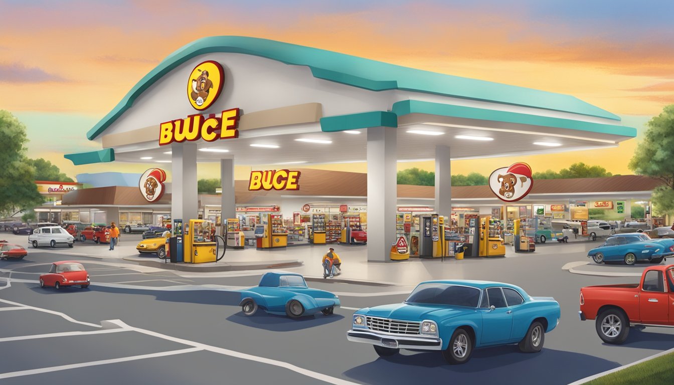 A bustling Buc-ee's gas station in Virginia, with a giant beaver mascot, fuel pumps, and a sprawling parking lot filled with cars