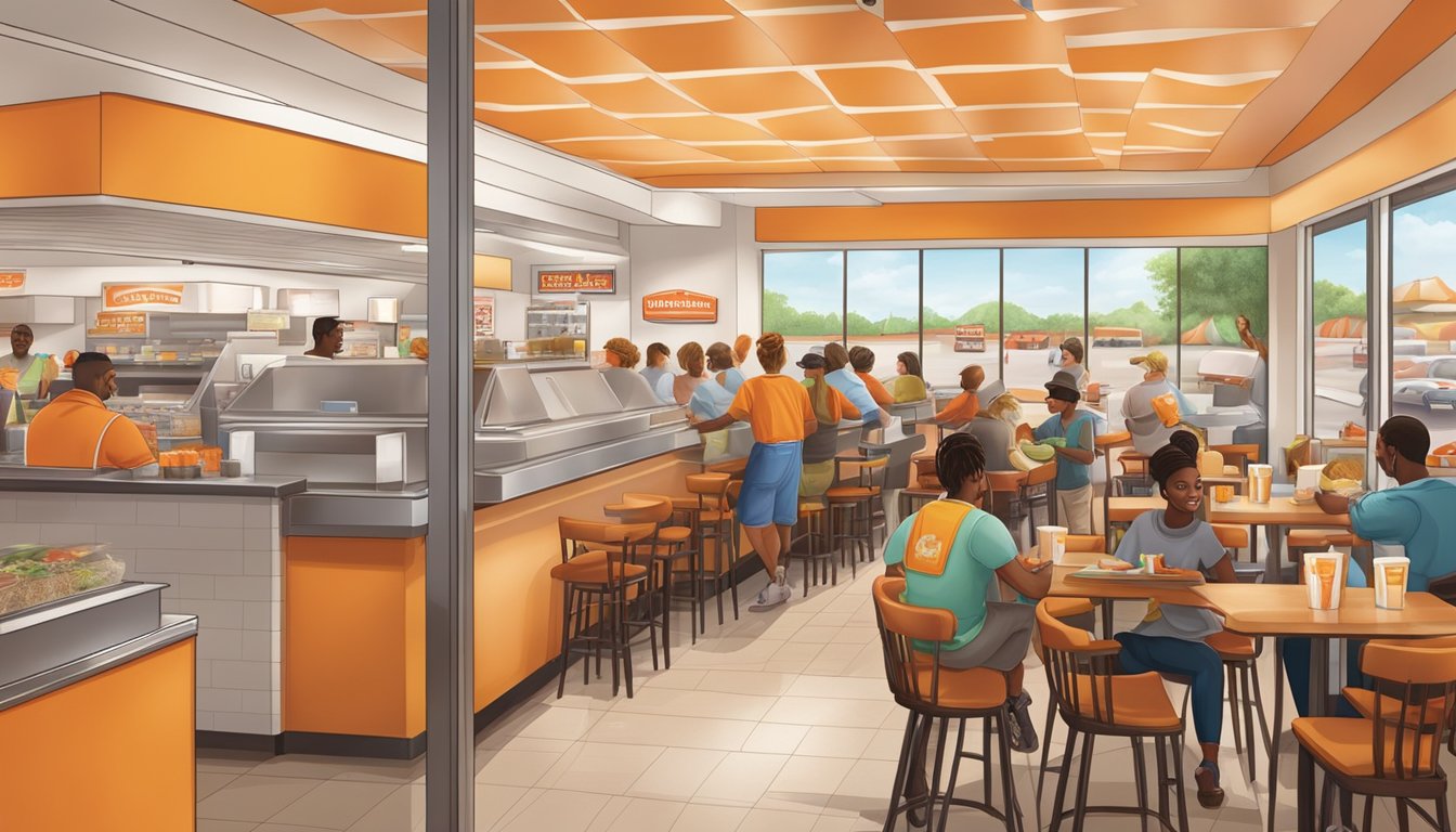 A bustling Whataburger restaurant with a line of customers ordering at the counter, while others enjoy their meals at tables, with a cheerful and welcoming atmosphere