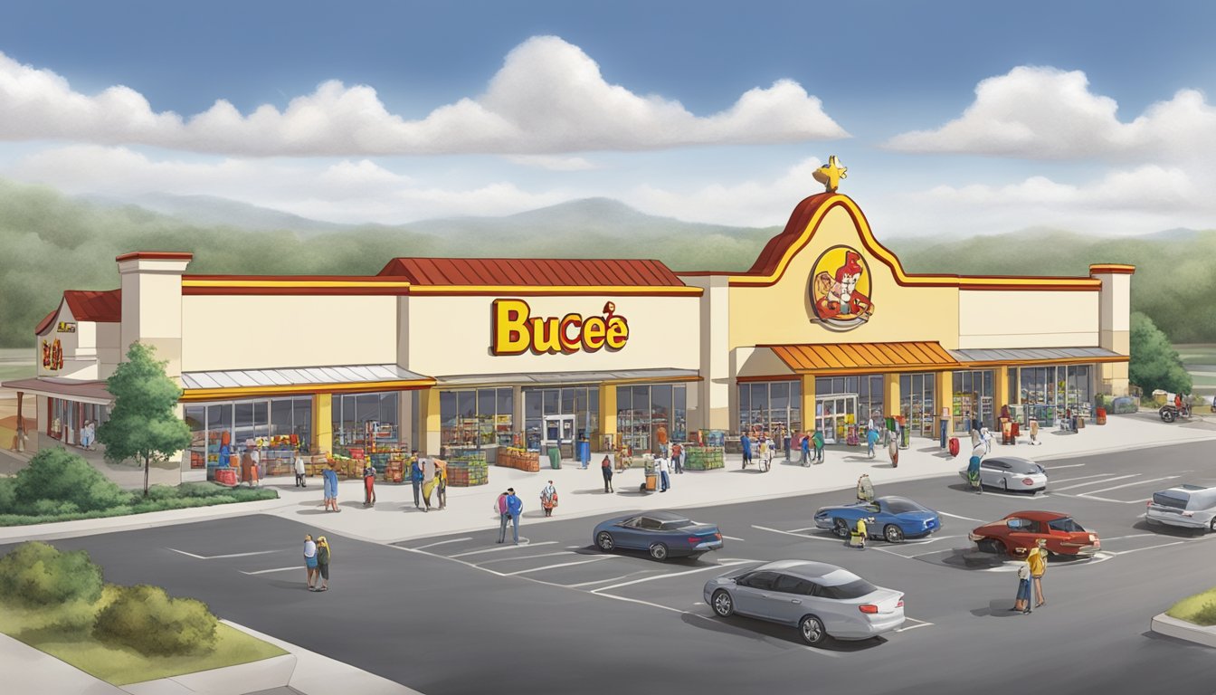 A bustling scene at Buc-ee's in Virginia, with fuel pumps, a large store, and various amenities and services like restrooms, snacks, and merchandise