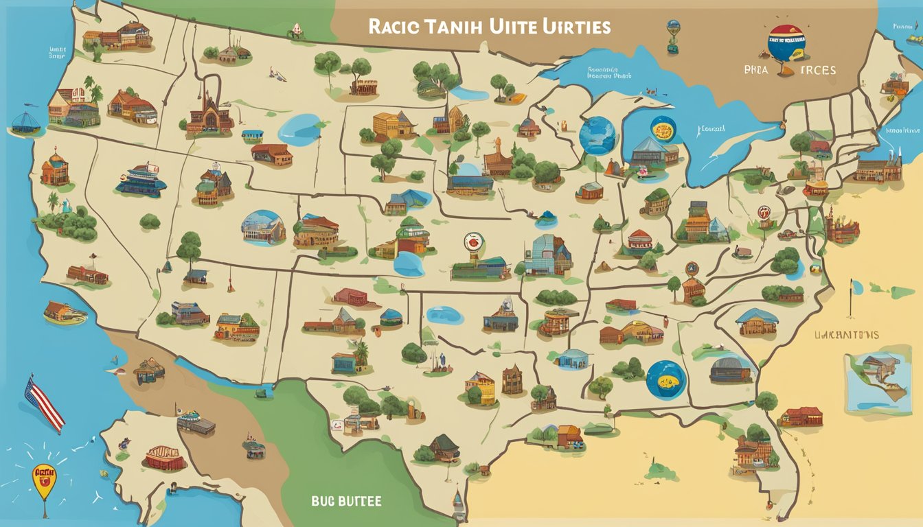 A map of the United States with various Buc-ee's locations marked with pins