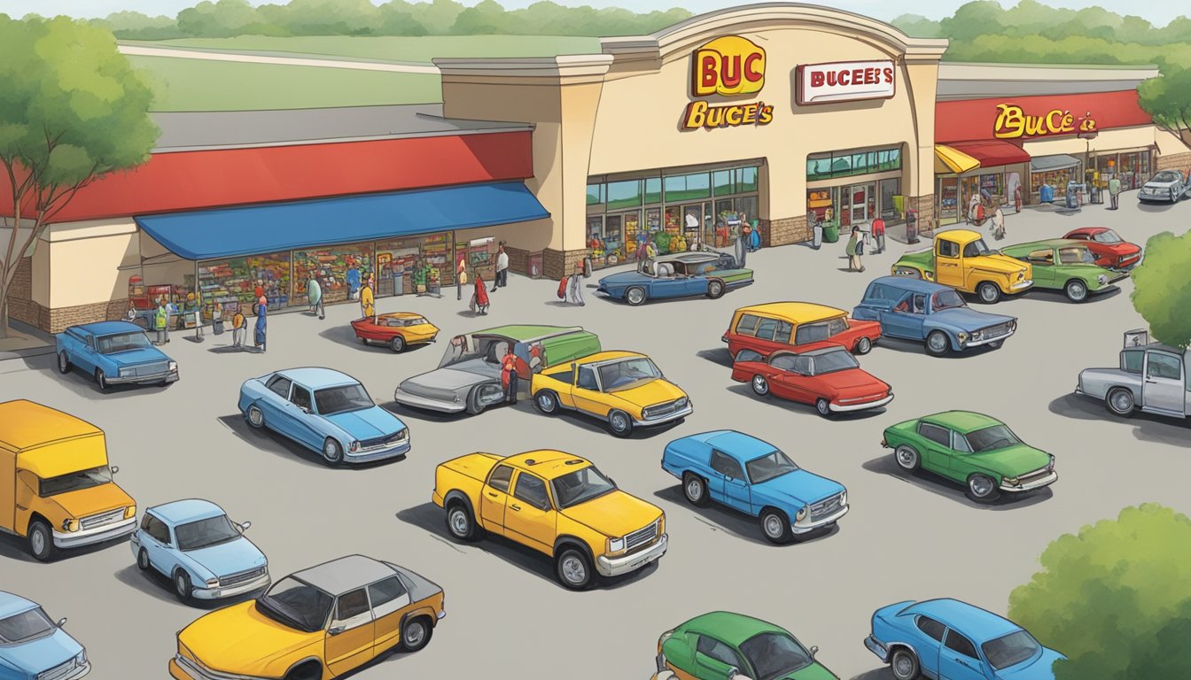 The bustling parking lot of Buc-ee's Virginia, with cars coming and going, and employees busy attending to the needs of customers