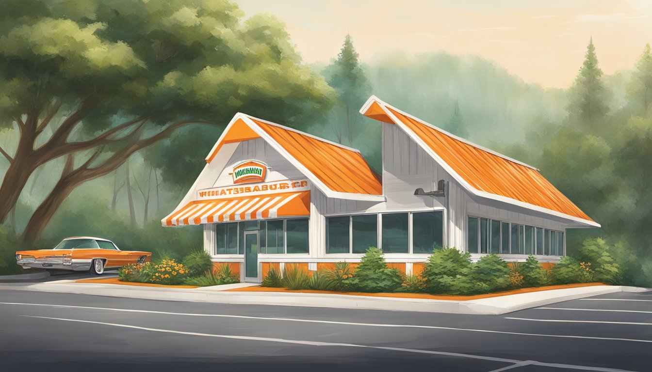 A vintage Whataburger restaurant in Ohio, with a classic A-frame design and orange and white striped roof, surrounded by lush greenery