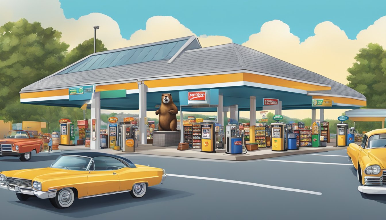 A bustling travel center surrounded by gas pumps, snack stands, and a large iconic beaver statue