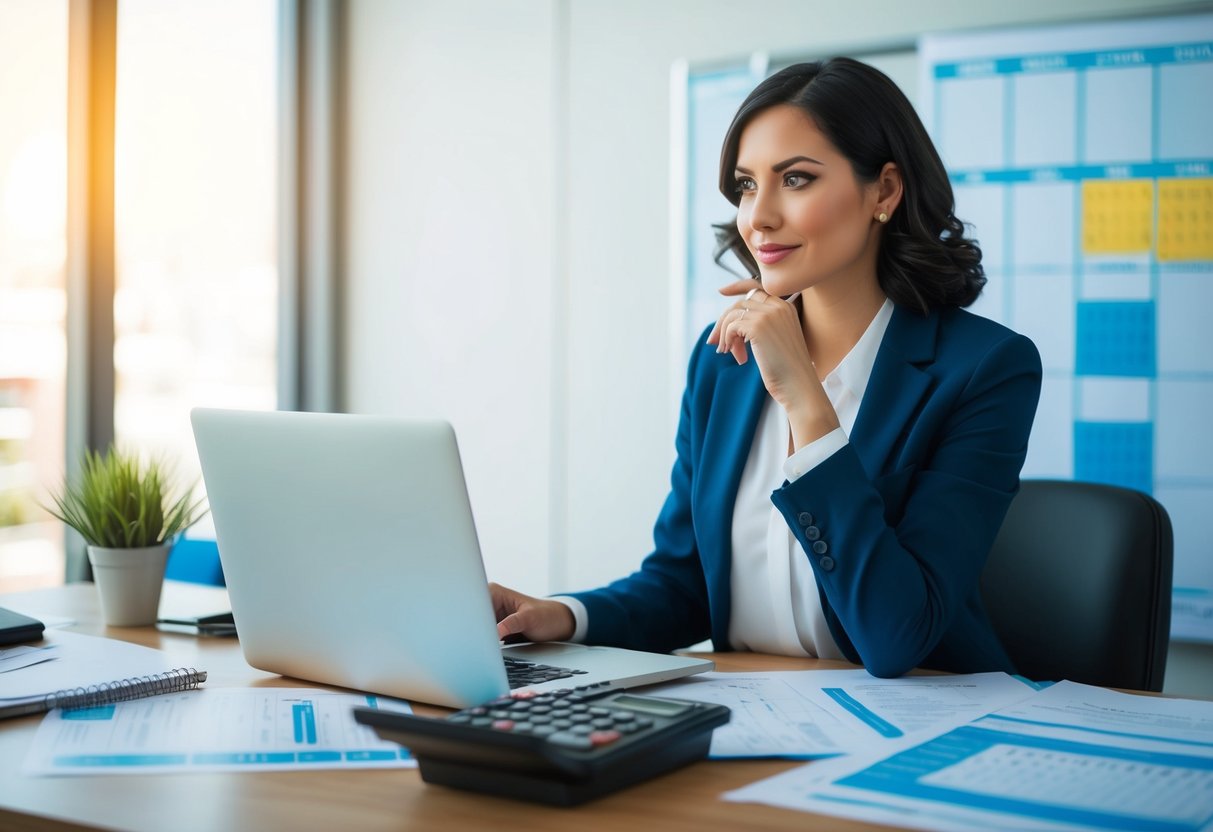 An event planner sitting at a desk with a laptop and calculator, surrounded by paperwork and a calendar, with a thoughtful expression