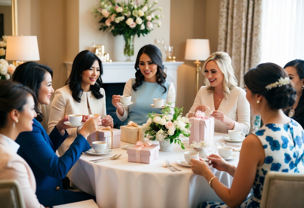 A group of women seated around a table, sipping tea and chatting, while a bride-to-be opens gifts. Flowers and elegant decor set the scene