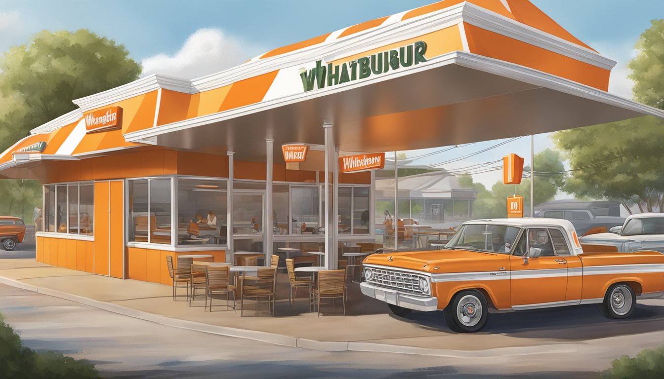 A bustling Whataburger restaurant in Ohio, with a drive-thru, outdoor seating, and the iconic orange and white striped roof