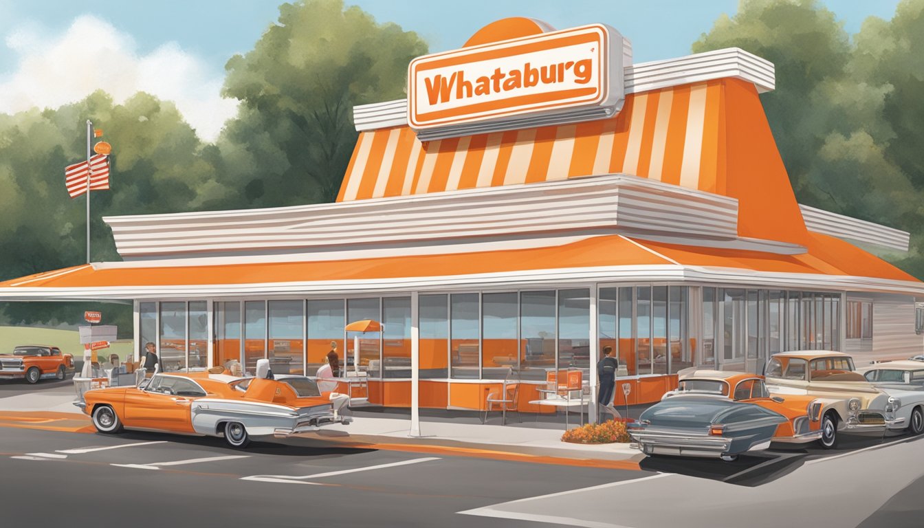 A bustling Whataburger restaurant in Ohio, with a red and white striped exterior, a drive-thru line of cars, and a large sign displaying the iconic orange and white logo