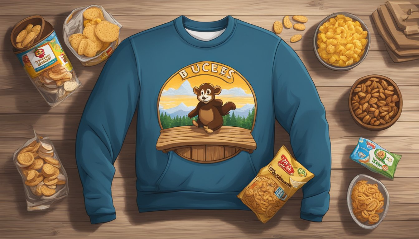 A cozy Buc-ee's sweatshirt lying on a rustic wooden table, surrounded by Texas-themed souvenirs and snacks