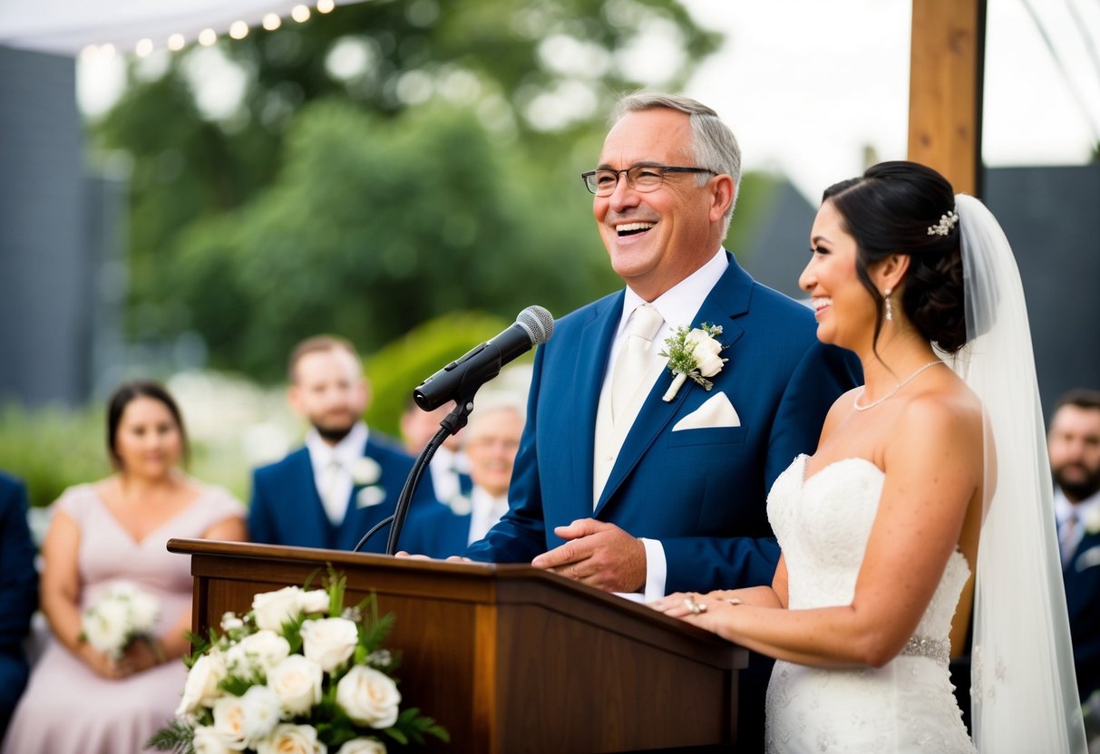 A father stands at a wedding podium, beaming with pride as he delivers a heartfelt speech to his daughter and her new spouse