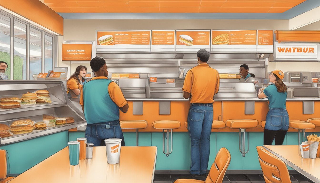 Customers at a Whataburger in Ohio choosing from a menu and placing orders with the cashier