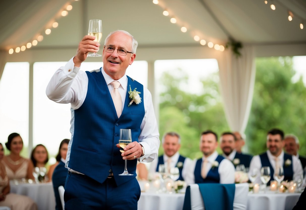 A father stands at the wedding reception, raising a glass in a heartfelt speech