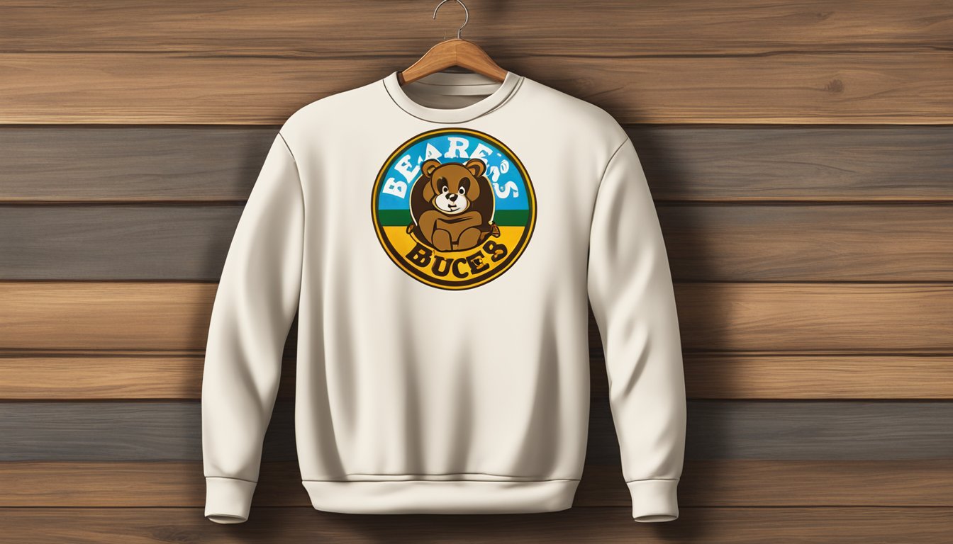 A cozy Buc-ee's sweatshirt displayed on a rustic wooden table with the iconic beaver logo prominently featured