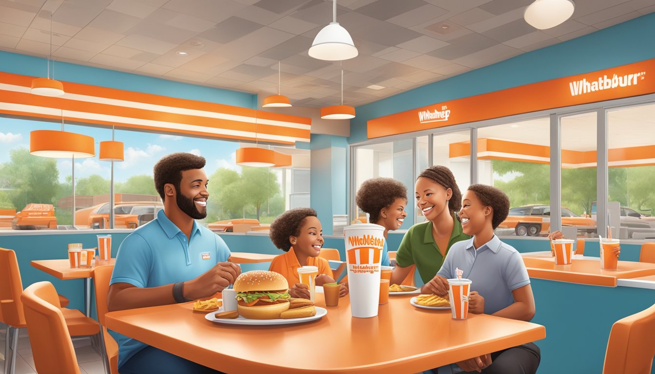 A family enjoys a meal at a Whataburger in Ohio, with friendly staff serving them at a clean and well-lit restaurant