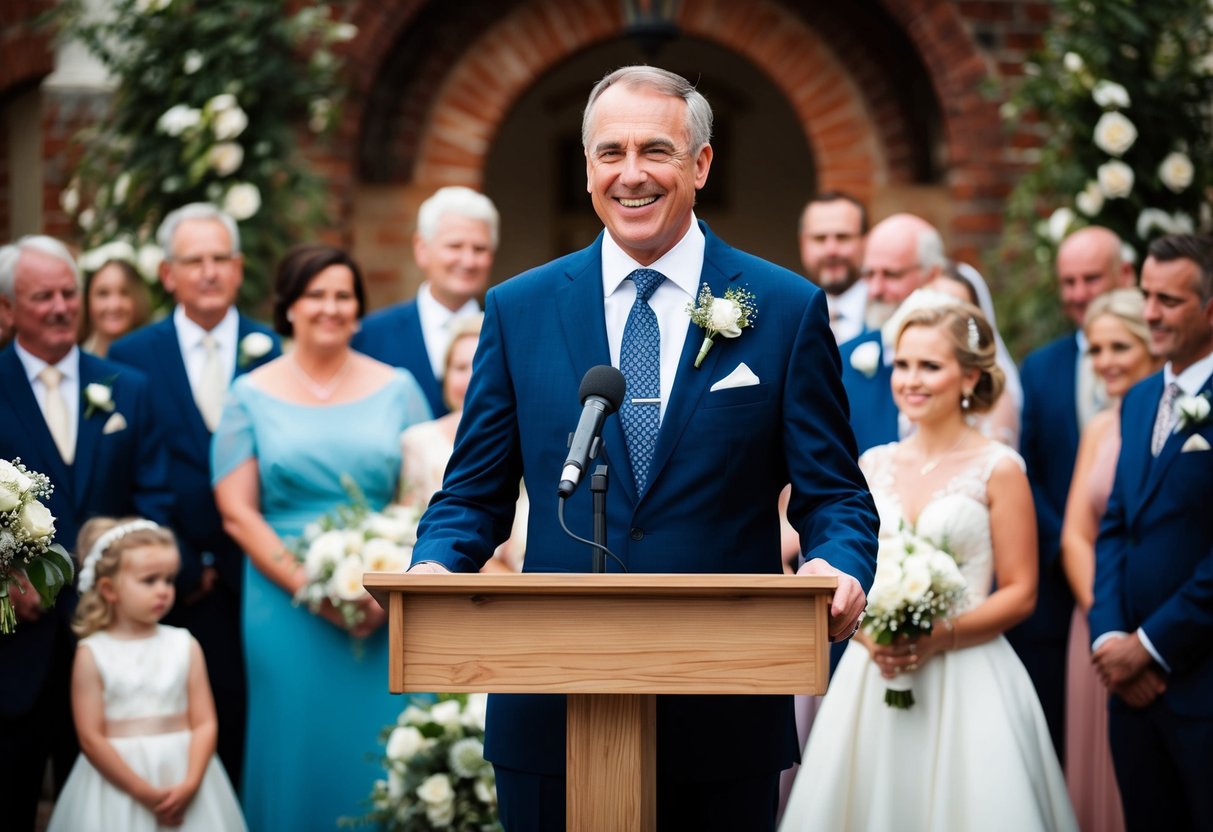 A father standing at a wedding podium, smiling proudly as he delivers a heartfelt speech to his daughter and new son-in-law, surrounded by family and friends