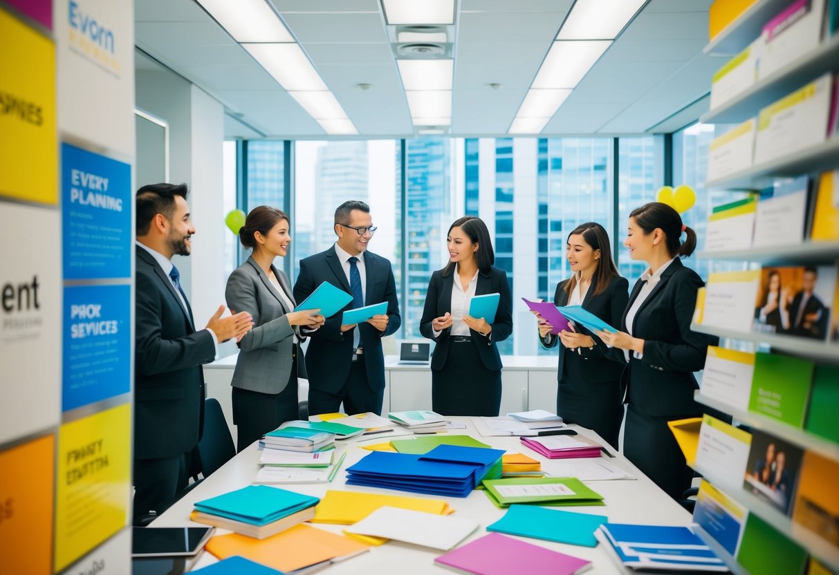 A busy event planning office with staff discussing services and features, surrounded by colorful brochures and promotional materials