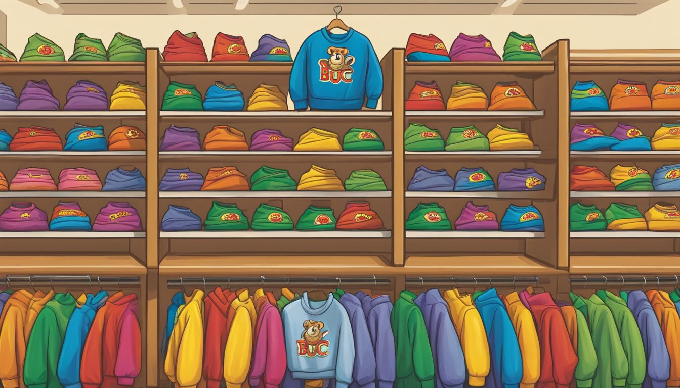 A colorful display of Buc-ee's sweatshirts arranged on shelves in a well-lit store