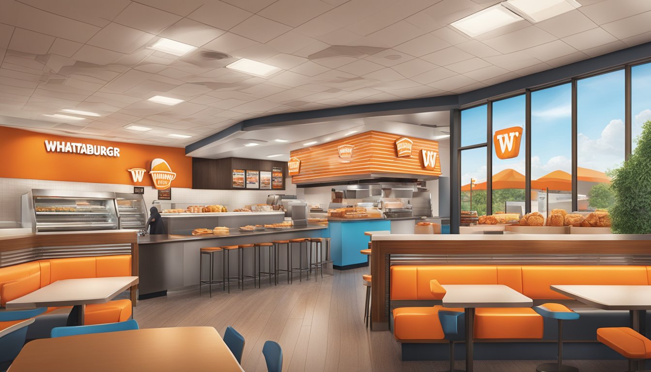 A bustling Whataburger restaurant in Ohio with a prominent brand logo and vibrant marketing materials displayed throughout the interior and exterior