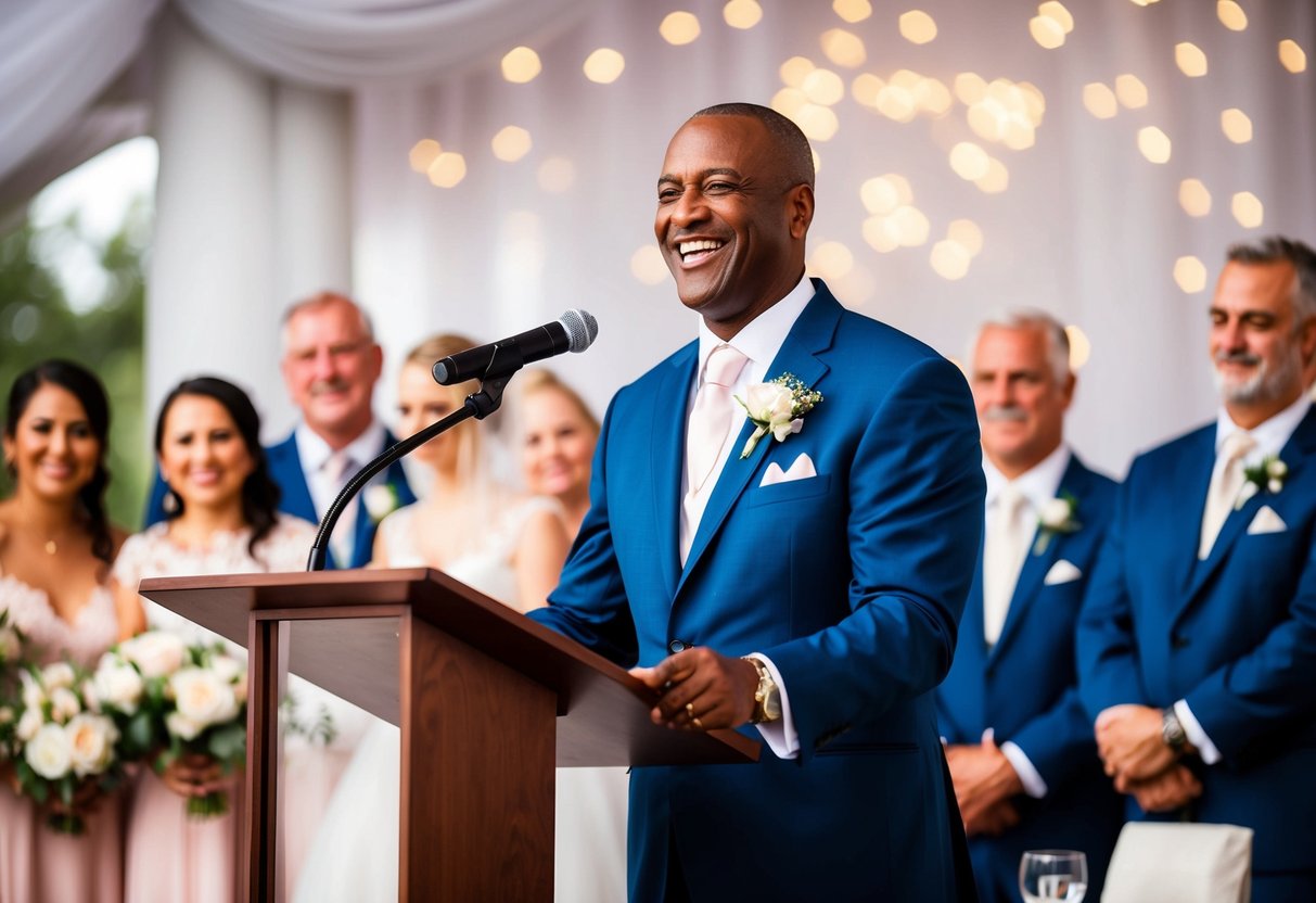A father standing at a podium, smiling proudly as he delivers a heartfelt speech at his daughter's wedding, surrounded by family and friends
