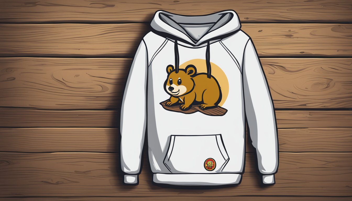 A cozy Buc-ee's sweatshirt laid out on a rustic wooden table with the iconic beaver logo prominently displayed