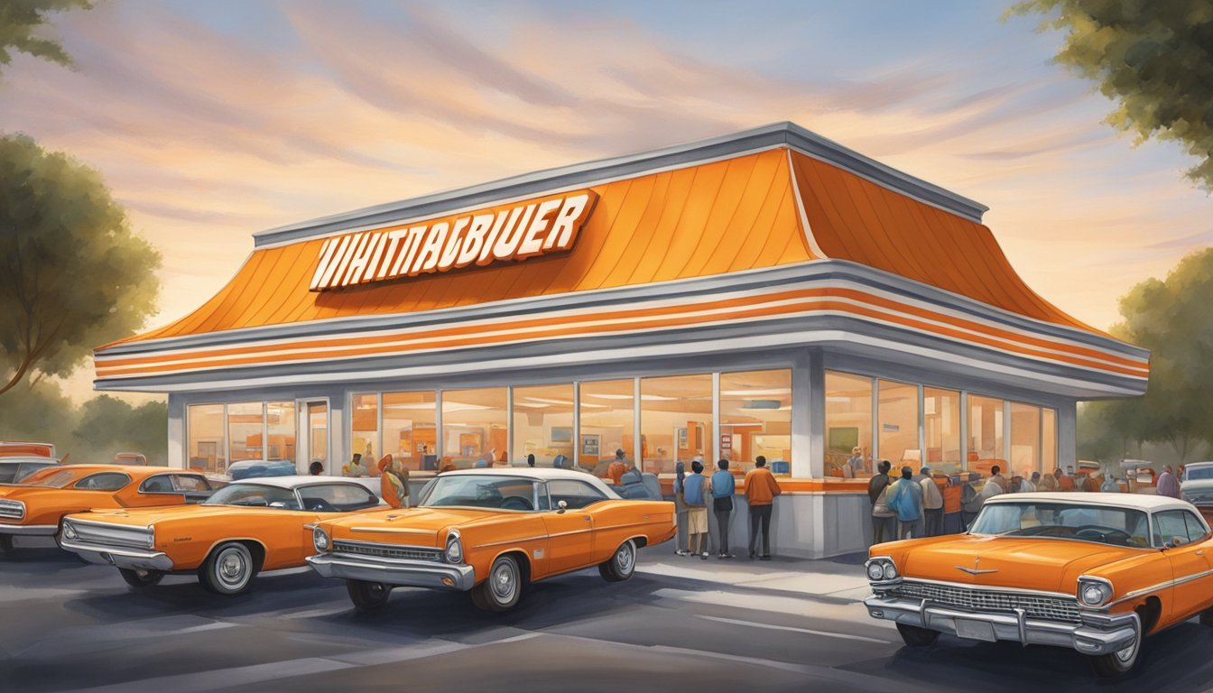 A Whataburger restaurant with the iconic orange and white striped roof stands in a busy Ohio city, surrounded by cars and bustling with customers