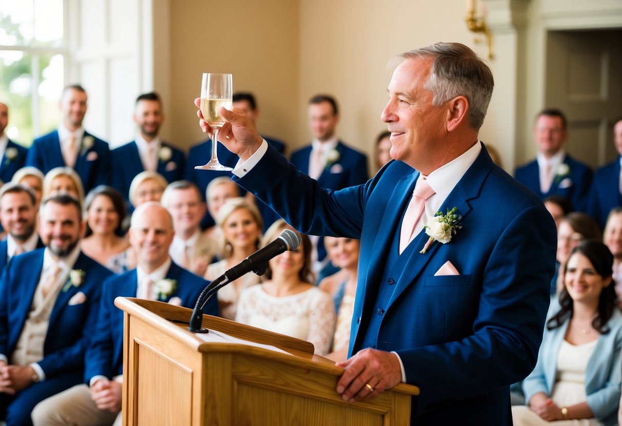 A father stands at a podium, raising a glass in a room filled with smiling faces. He speaks with warmth and wisdom, sharing advice and well-wishes for the newlyweds