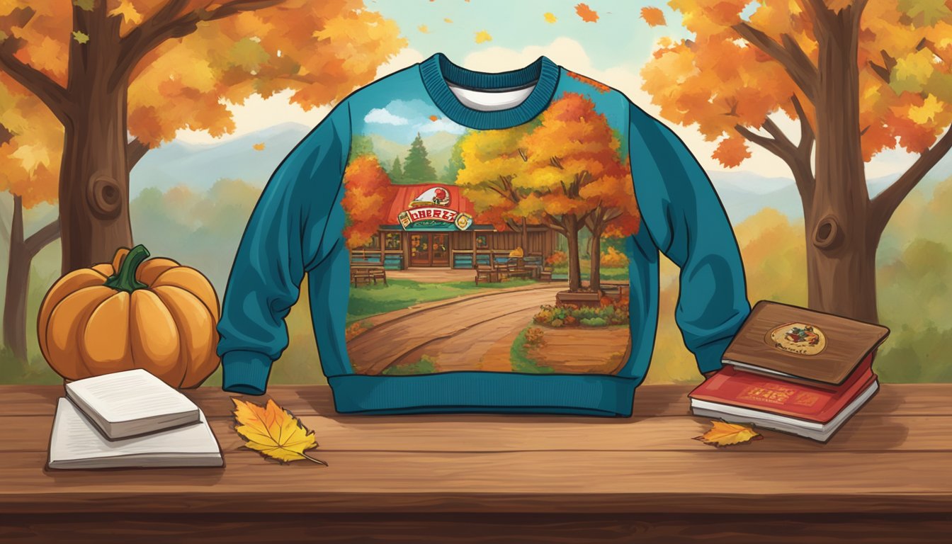 A cozy Buc-ee's sweatshirt displayed on a rustic wooden table with fall foliage in the background