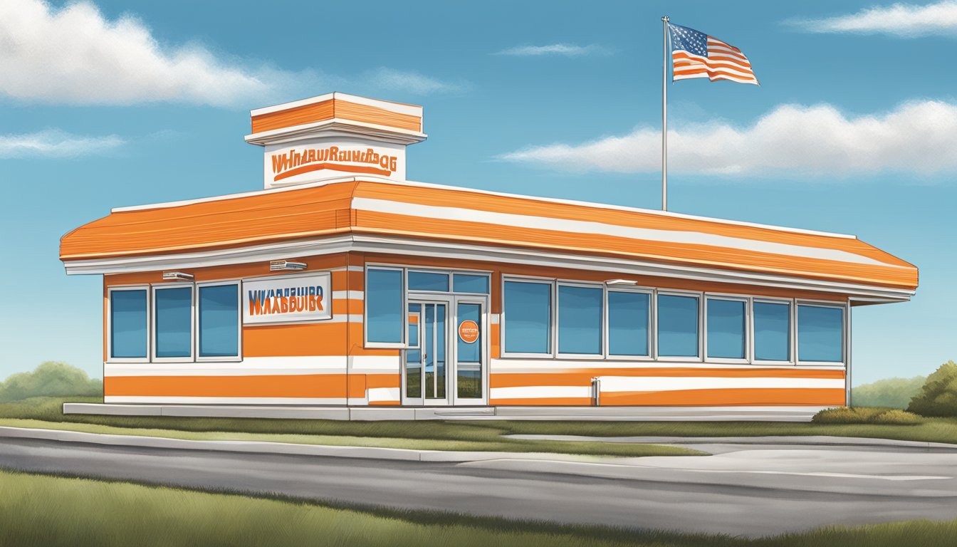 The iconic orange and white striped Whataburger building stands proudly against a backdrop of rolling hills and a clear blue sky in Ohio